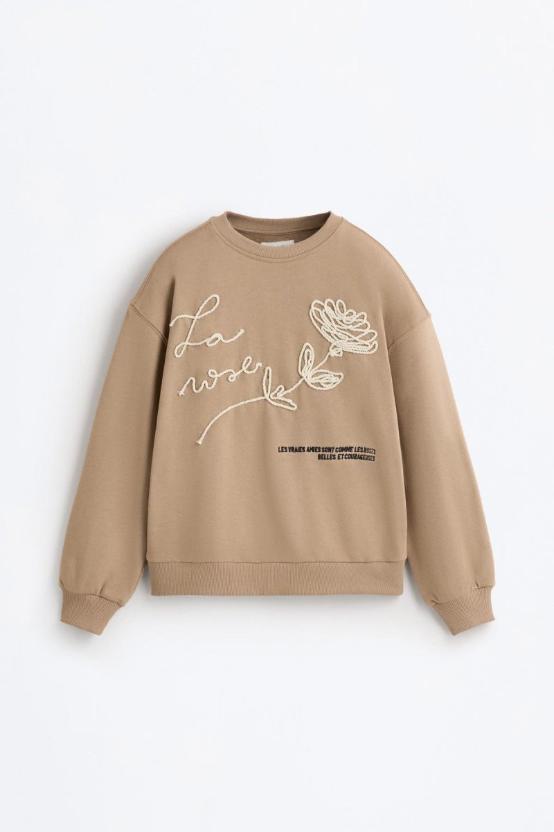 Girls' Beige "La Rose" Embroidered Fleece Sweatshirt
